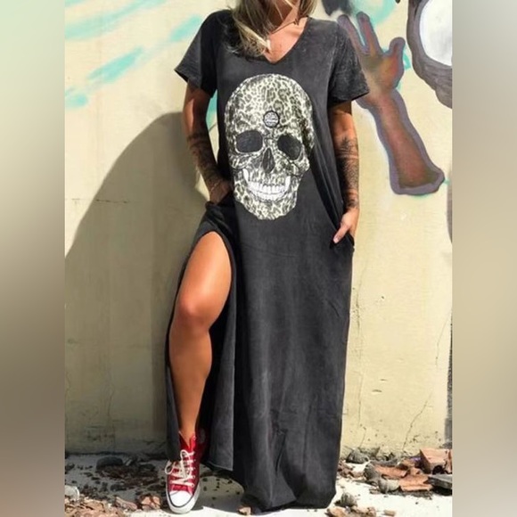 XNX Dresses & Skirts - NEW T-Shirt Punk Skull Printed Short Sleeve Split Maxi Dress Dark Heather Gray
